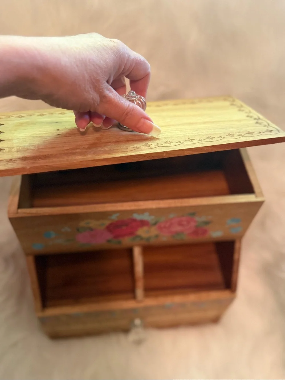 Pioneer Woman Hand-Painted Floral Wooden Storage Box - Natural Wood and Pink